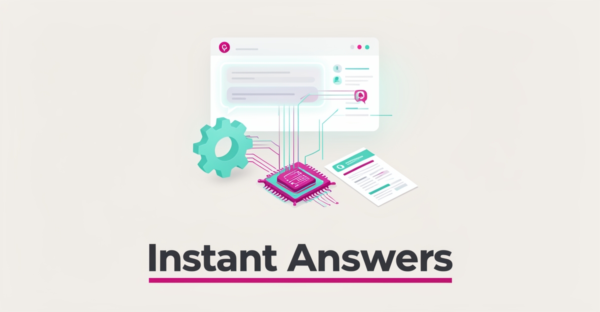 Flat illustration of an AI chatbot instantly answering technical product specification questions, accented in teal and magenta.