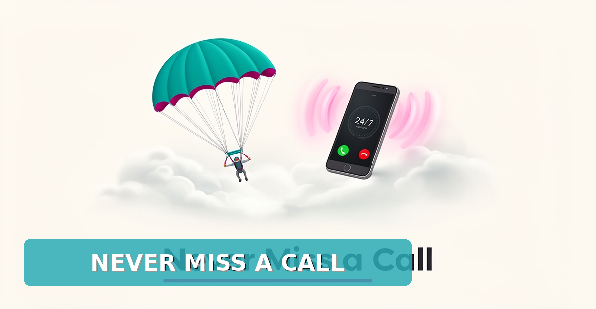 Flat illustration of a skydiving parachute and ringing smartphone with call waves, symbolizing 24/7 AI receptionist booking capture.