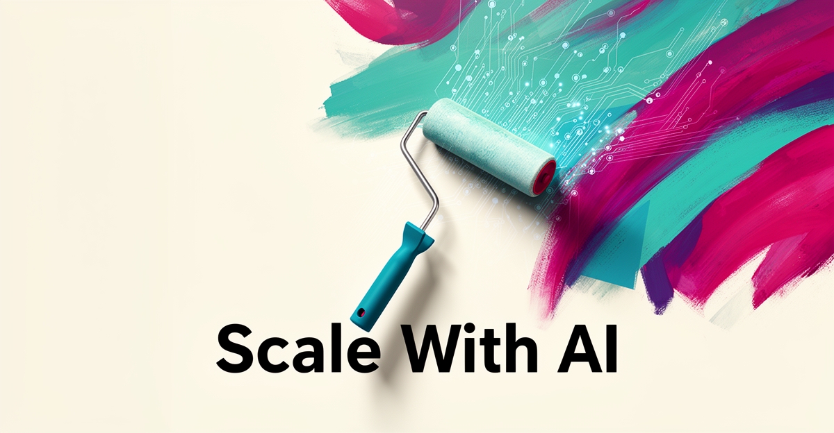 Flat illustration of a paint roller creating a mural with digital AI circuitry, accented in teal and magenta, with headline 'Scale With AI'.