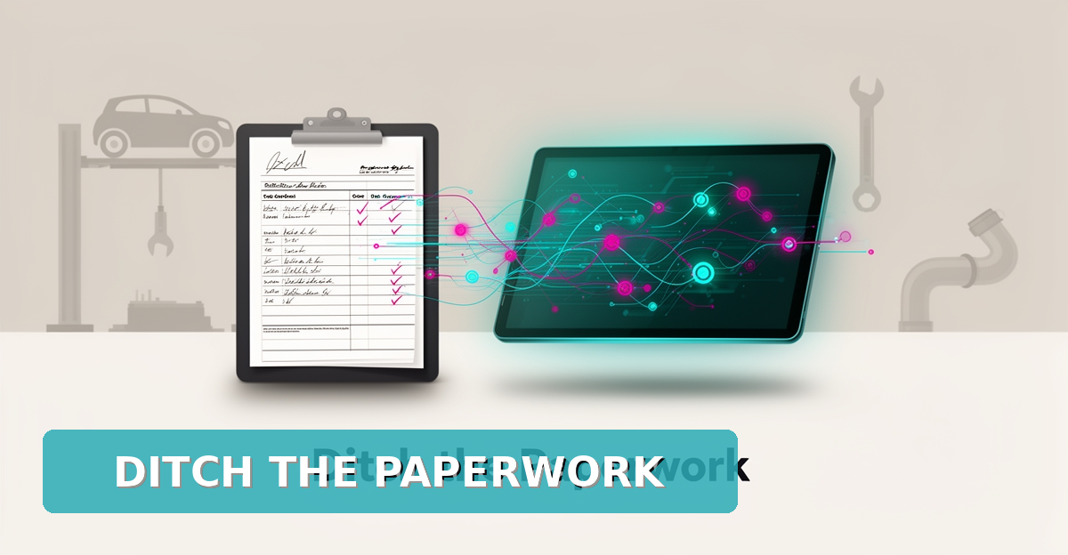 Flat illustration of a paper work order transforming into a digital AI-powered tablet interface in an auto shop, with teal and magenta accents.