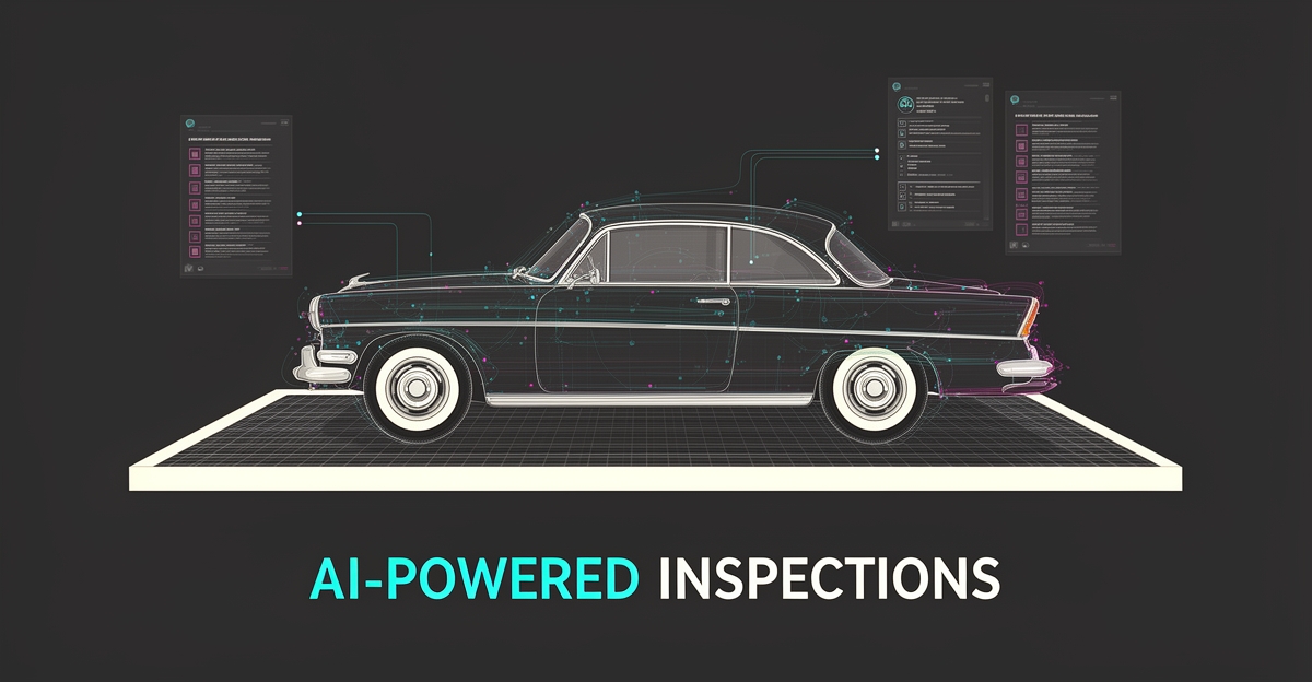 Flat illustration of a classic car being digitally scanned with AI-generated inspection report elements in teal and magenta brand colors.