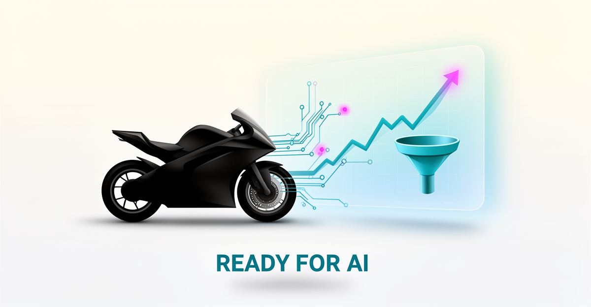 Flat illustration of a motorcycle beside a glowing AI analytics dashboard with rising conversion graphs in teal and magenta brand colors.