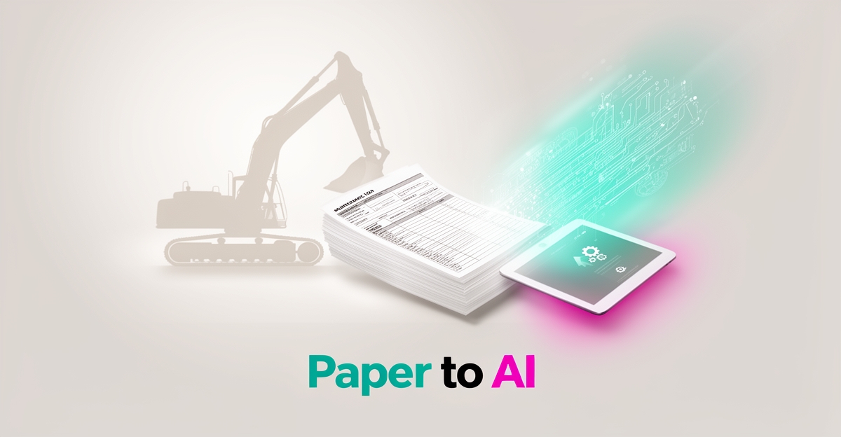 Flat illustration of paper maintenance logs transforming into AI-powered digital data streams beside rental equipment, with teal and magenta accents.