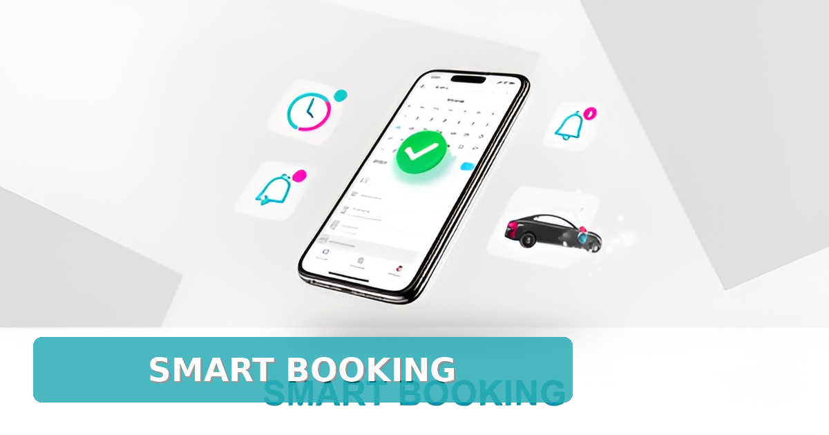 Flat illustration of a smartphone with an AI scheduling calendar, clock and bell icons in teal and magenta, headlined Smart Booking.