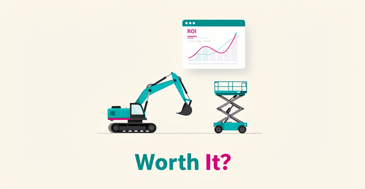 Flat illustration of construction equipment beside an AI analytics dashboard with rising ROI chart, accented in teal and magenta.