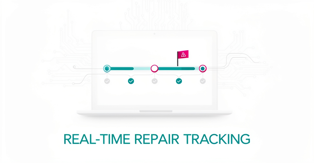 Flat illustration of an AI-powered dashboard tracking repair progress in real time with teal and magenta accents.