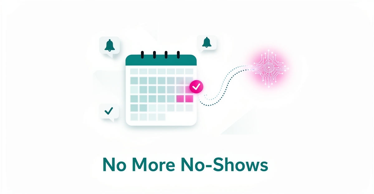 Flat illustration of a calendar filling an empty slot via an AI node with teal and magenta accents, headlined No More No-Shows.