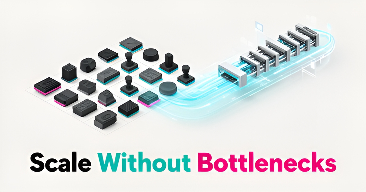 Flat illustration of custom stamp designs flowing through an automated AI pipeline, showing high-volume production at scale in teal and magenta.