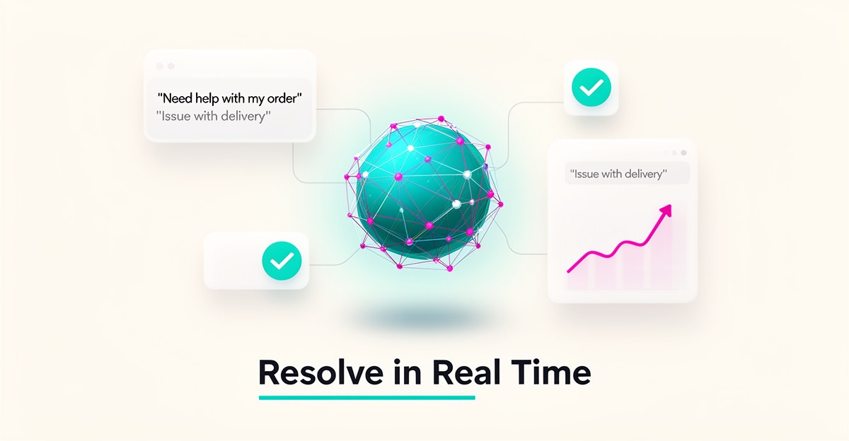 Flat illustration of a glowing AI assistant node resolving customer complaint cards with teal and magenta brand accents.