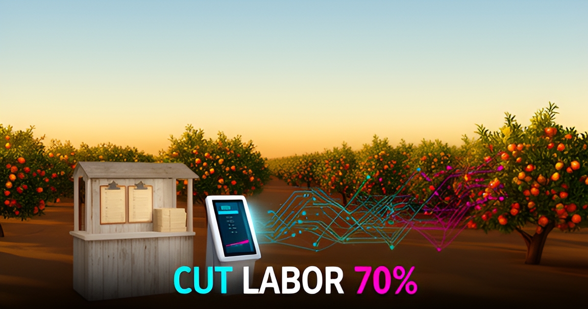 Flat illustration of a U-pick farm with orchard rows, a paper check-in clipboard, and an AI-powered digital kiosk accented in teal and magenta.