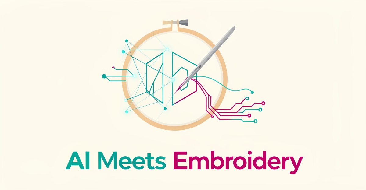 Flat illustration of an embroidery hoop where stitched threads transform into glowing digital vector lines, symbolizing AI-powered embroidery design.