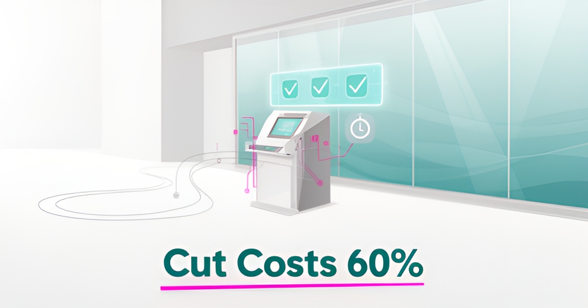 Flat illustration of an aquarium entrance with an AI-powered check-in kiosk in teal and magenta, headline reading Cut Costs 60%.