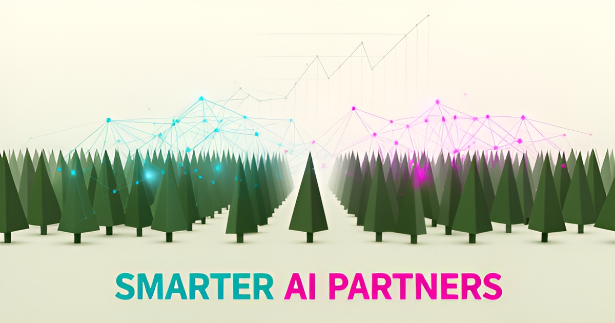 Flat illustration of a stylized tree farm with teal and magenta AI network lines overhead, titled Smarter AI Partners.