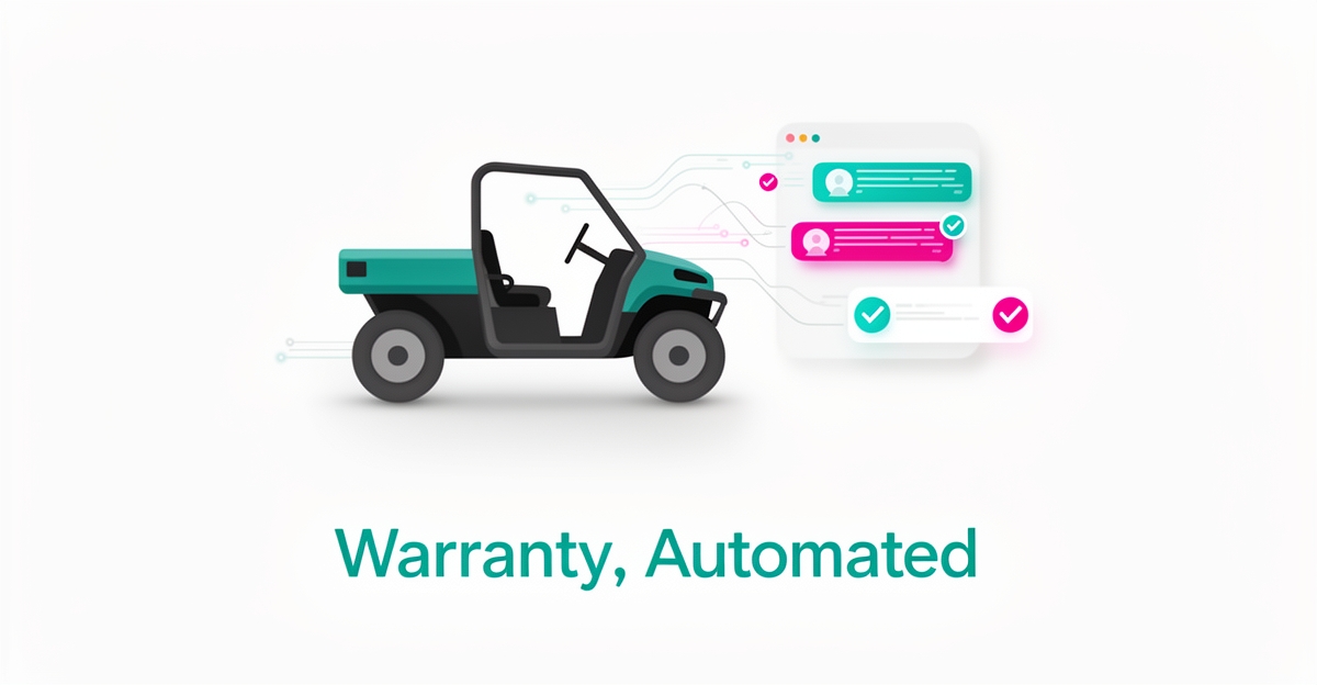 Flat illustration of a UTV beside AI chat and validation icons in teal and magenta, with headline reading Warranty, Automated.