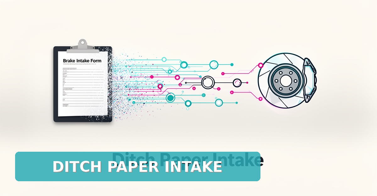 Flat illustration of a paper brake repair form transforming into an AI digital workflow around a stylized brake disc, with headline Ditch Paper Intake.