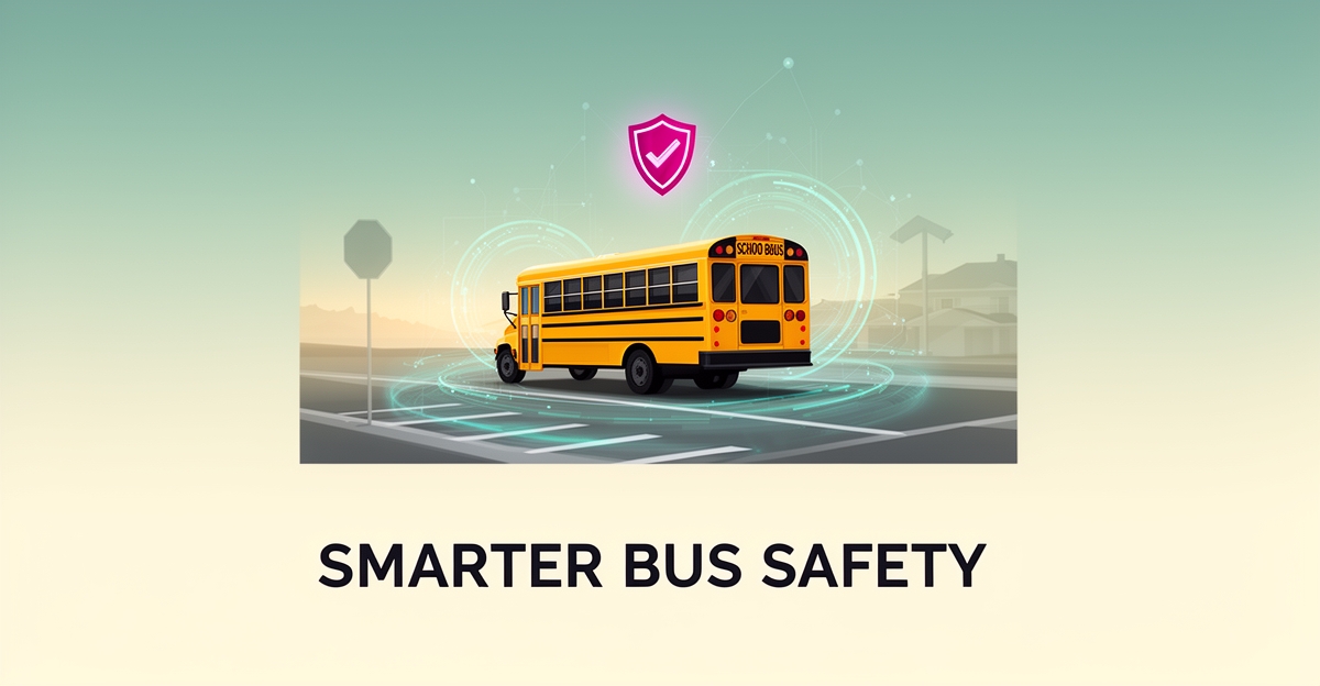 Flat illustration of a school bus surrounded by glowing AI sensor rings and a safety shield, symbolizing AI-driven bus safety and compliance.