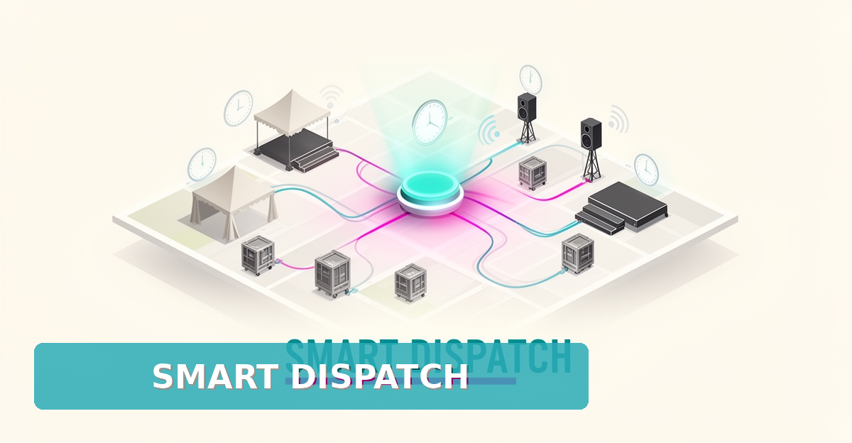 Flat illustration of an AI dispatch hub routing event rental equipment across a venue map with teal and magenta accents.