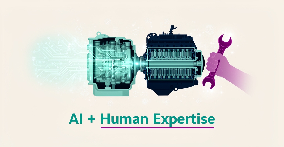 Flat illustration of a marine engine with AI circuit patterns and a technician's hand collaborating, headline reading AI + Human Expertise.