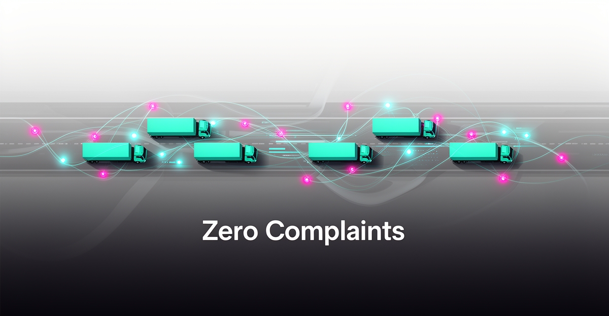 Flat illustration of a truck fleet with glowing AI route and maintenance data lines in teal and magenta, headlined Zero Complaints.