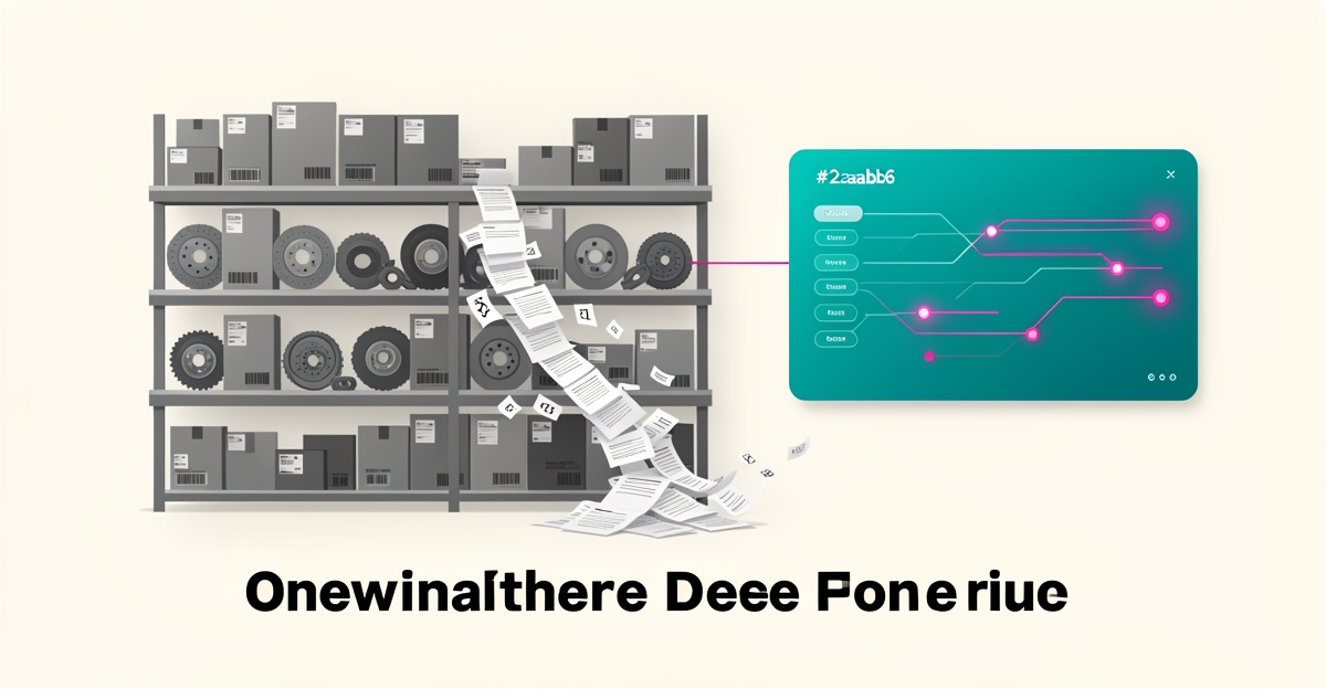 Flat illustration contrasting chaotic paper order forms with a streamlined AI digital interface over auto parts warehouse shelves.