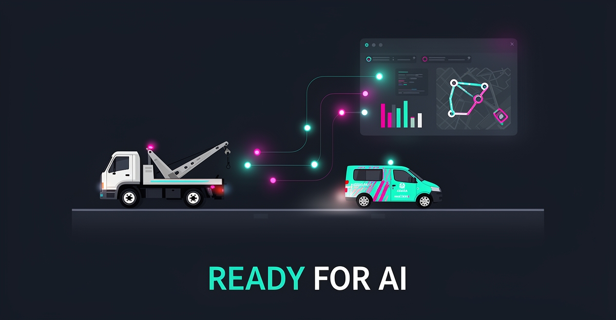 Flat illustration of a tow truck connected by glowing teal and magenta digital lines to an automated dispatch dashboard, with headline Ready for AI.