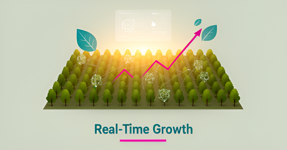 Flat illustration of tree farm rows connected by AI sensor data lines tracking plant growth in real time.
