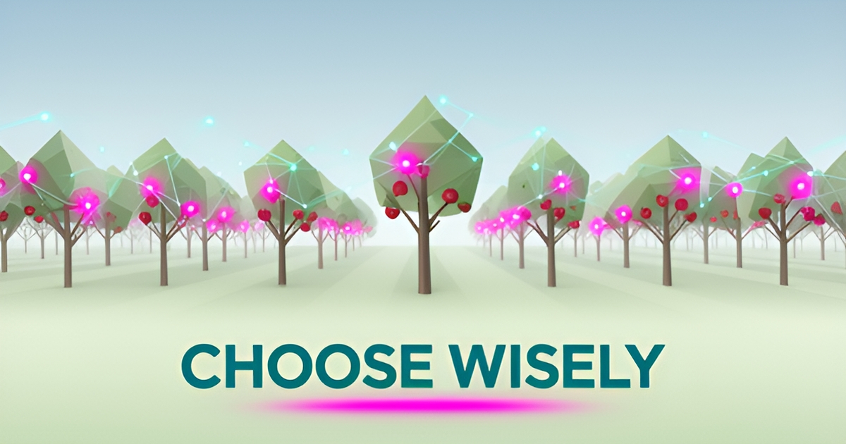 Flat illustration of a stylized orchard connected by AI network nodes in teal and magenta with the headline Choose Wisely.