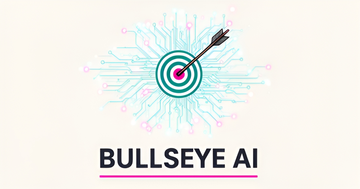 Flat illustration of an arrow hitting an archery target connected to glowing AI circuit lines in teal and magenta, with headline Bullseye AI.