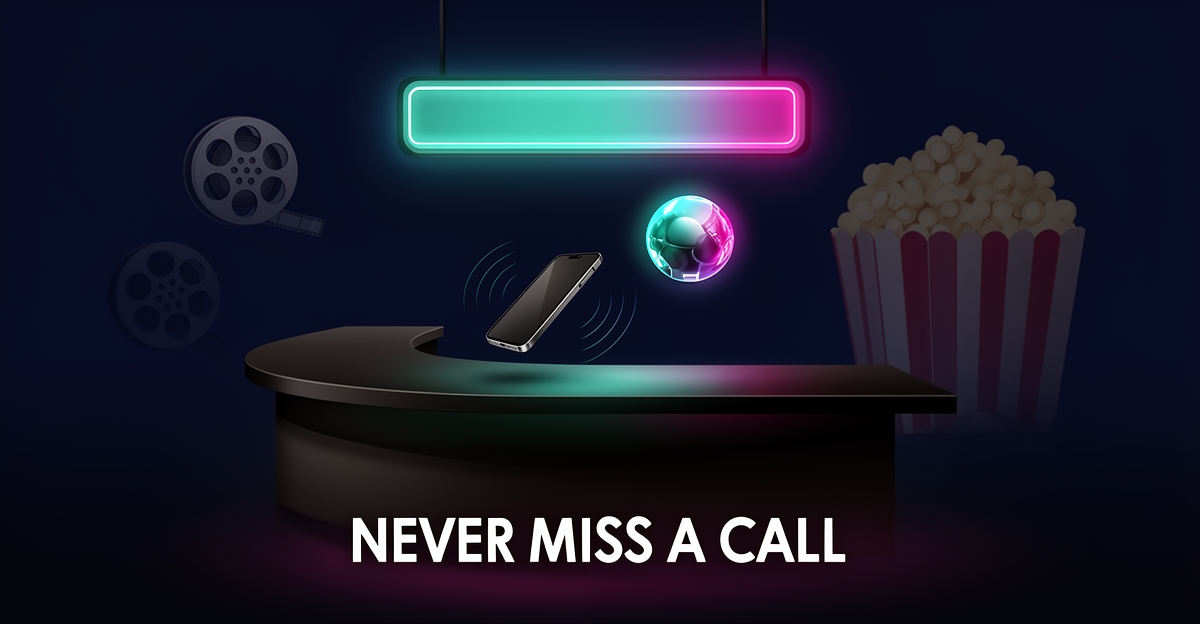 Flat illustration of a movie theater front desk at night with a glowing AI voice assistant answering calls, accented in teal and magenta.