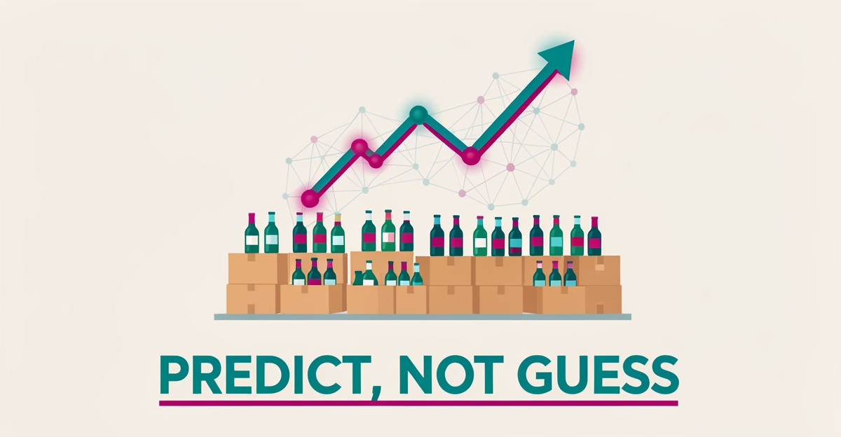 Flat illustration of a beverage warehouse with an AI forecast chart in teal and magenta, headline reading Predict, Not Guess.