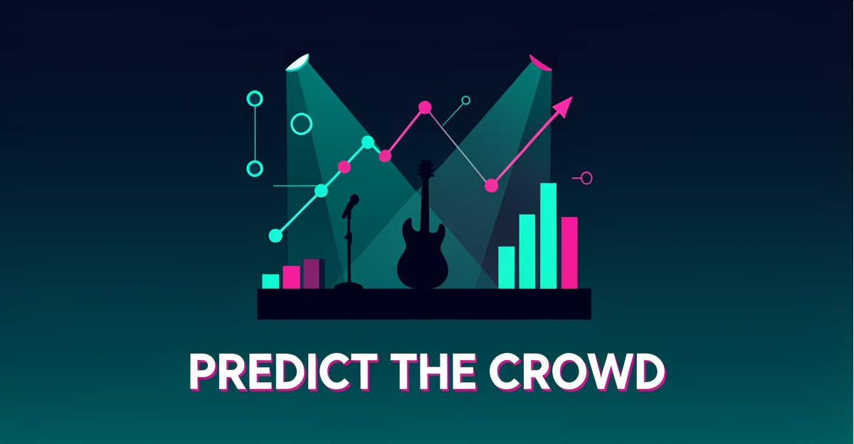 Flat illustration of a concert stage with predictive analytics charts and data nodes in teal and magenta, headlined Predict the Crowd.