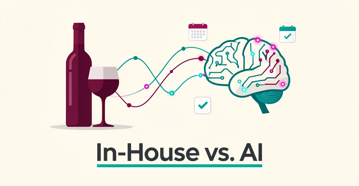Flat illustration of a wine bottle linked by glowing teal and magenta data lines to an abstract AI circuit brain, titled In-House vs. AI.