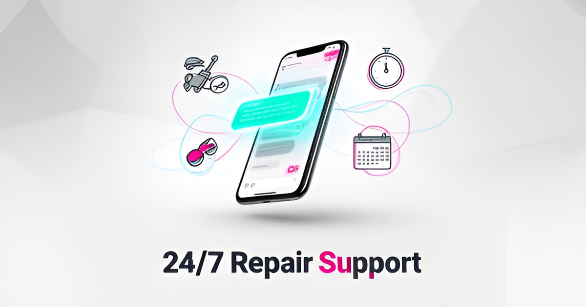 Flat illustration of a smartphone AI chatbot answering dent repair inquiries around the clock, accented in teal and magenta.