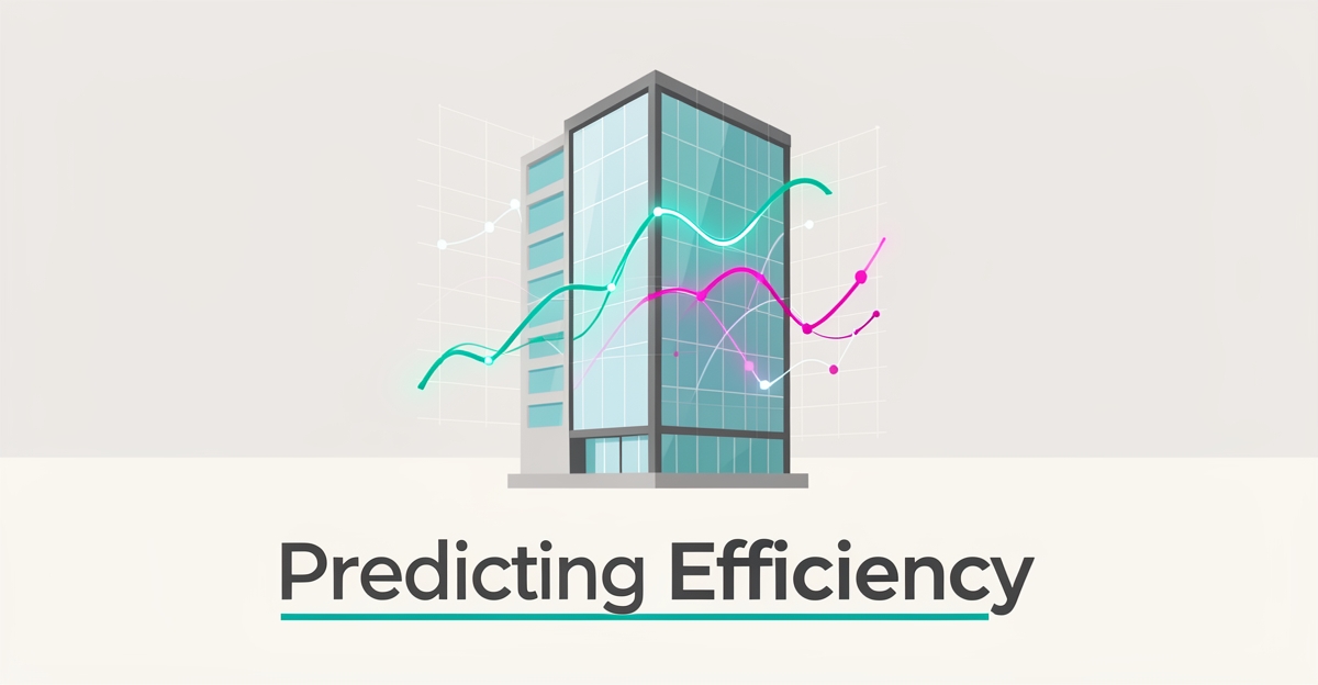 Flat illustration of a modern building with AI energy forecasting data curves in teal and magenta, titled Predicting Efficiency.