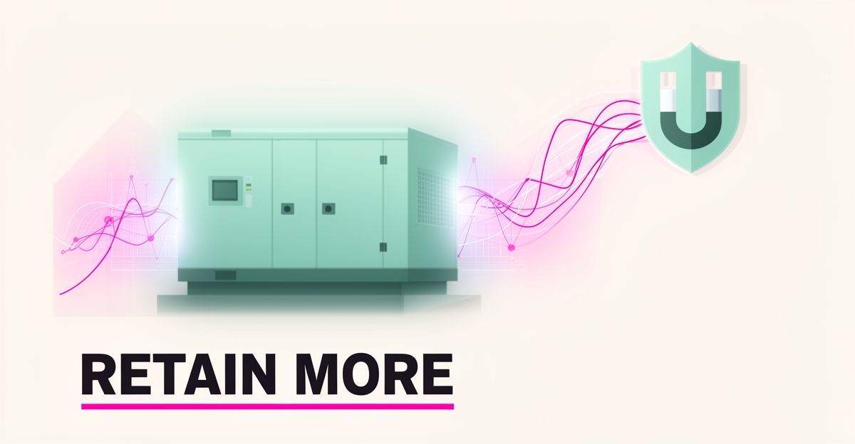Flat illustration of a generator with data streams flowing to a retention shield, accented in teal and magenta, with the headline Retain More.