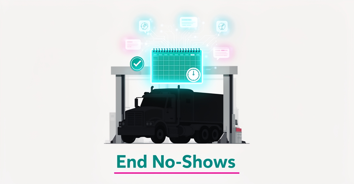 Flat illustration of a diesel truck in a repair bay with AI calendar icons and checkmarks, headline reading End No-Shows.