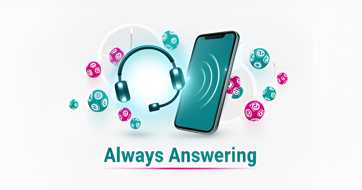 Flat illustration of an AI phone assistant answering bingo hall inquiries around the clock with glowing teal and magenta accents.