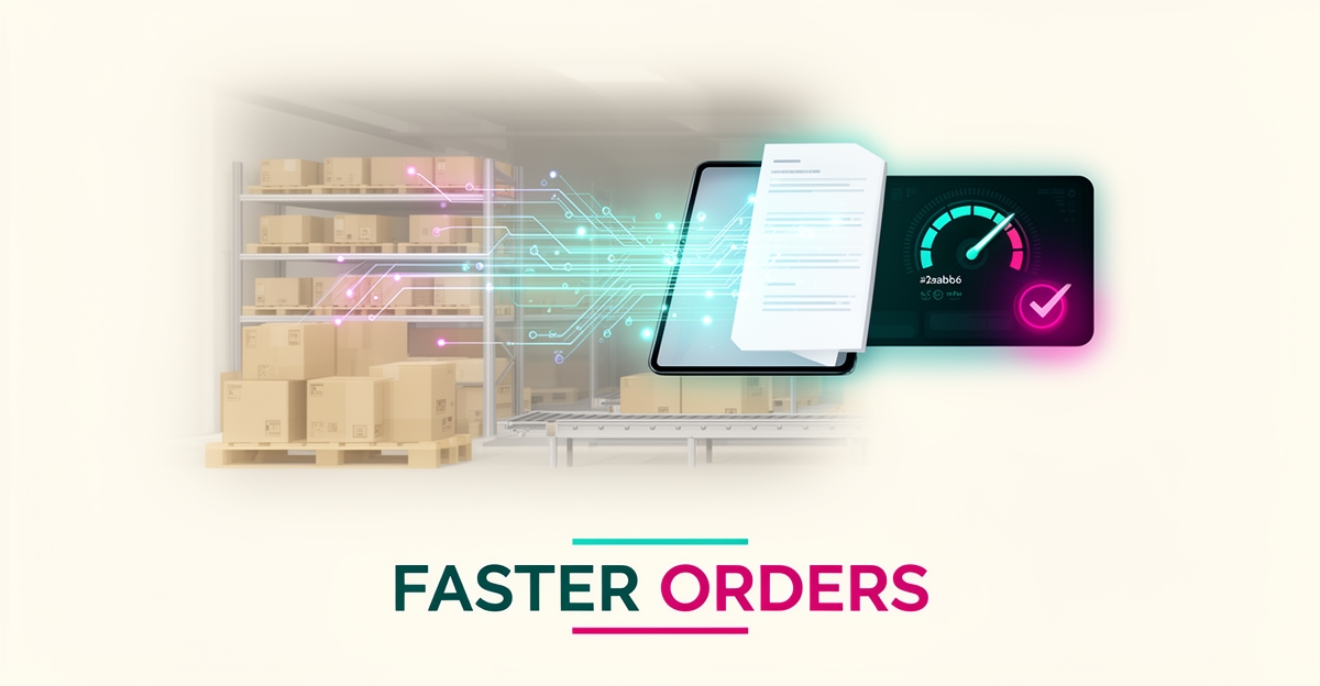 Flat illustration of an automated warehouse with data streams flowing into a dashboard, headline reading Faster Orders.
