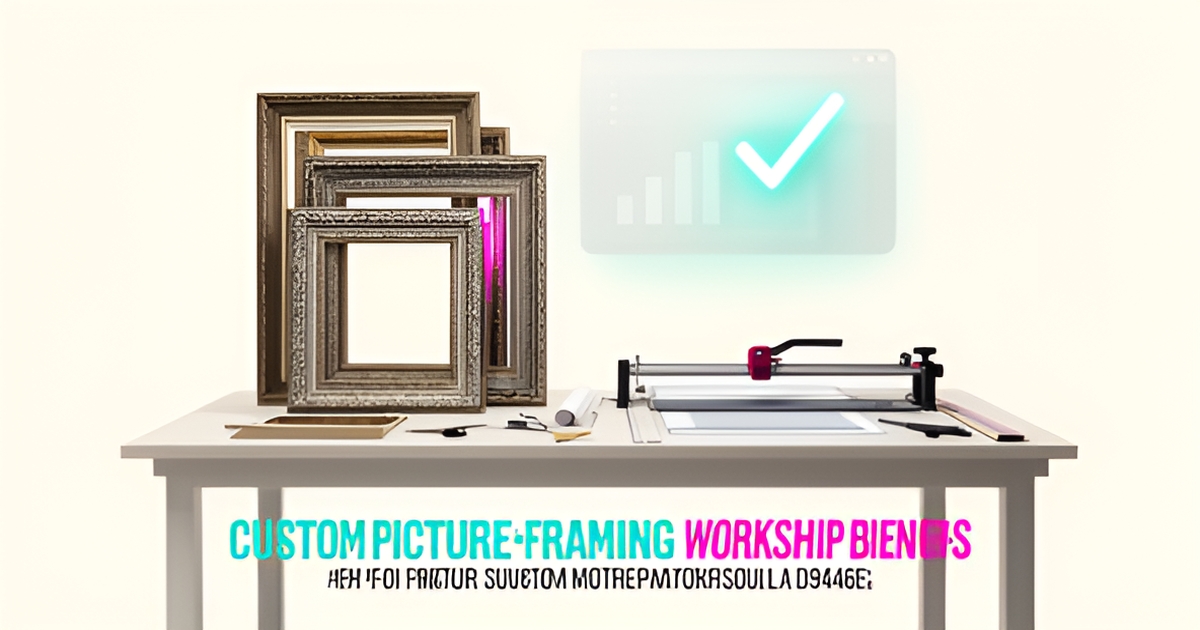Flat illustration of a framing workshop with frames and tools alongside a glowing AI interface panel in teal and magenta accents.