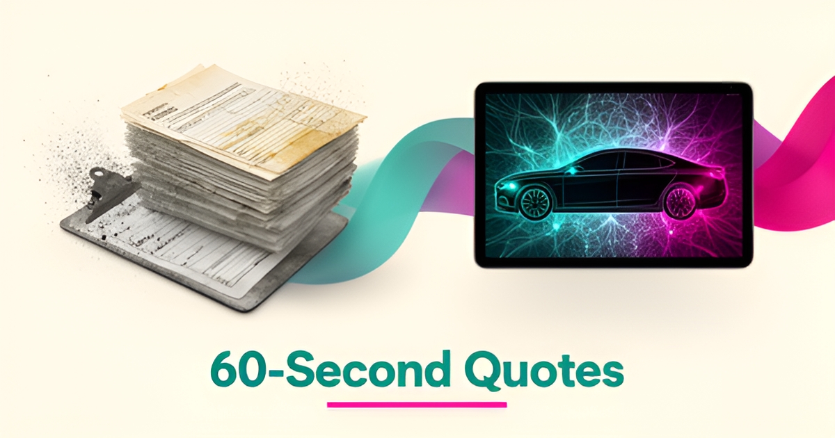 Flat illustration of paper estimate forms transforming into an AI-powered digital car damage scan, accented in teal and magenta.