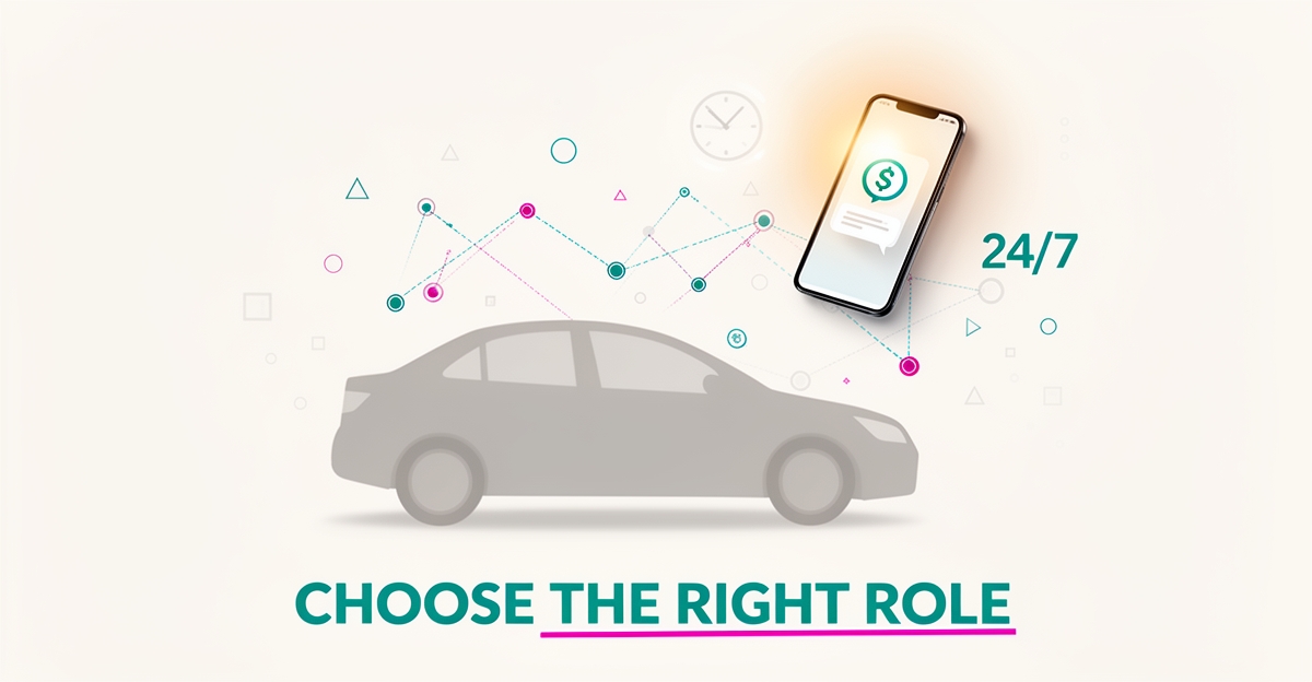 Flat illustration of a car dealership with a smartphone payment reminder bot and 24/7 AI icons in teal and magenta, headlined Choose the Right Role.