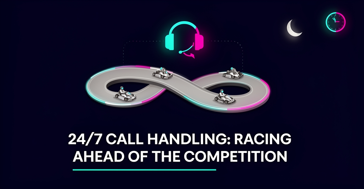 Flat illustration of a nighttime go-kart track with a glowing AI headset icon symbolizing 24/7 automated call answering and booking.
