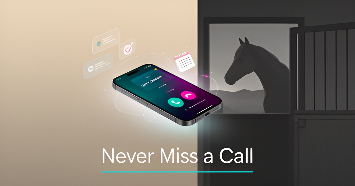 Flat illustration of a smartphone answering calls beside a stable with a horse, accented in teal and magenta, headlined 'Never Miss a Call'.