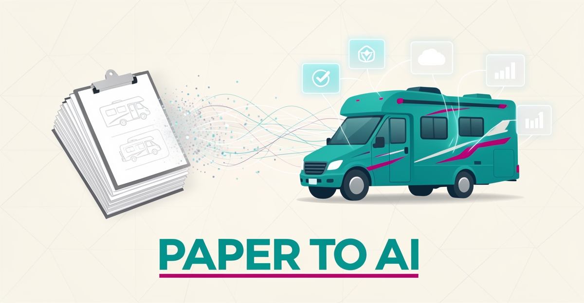 Flat illustration of paper inventory records transforming into a digitally synced RV with real-time data streams in teal and magenta.