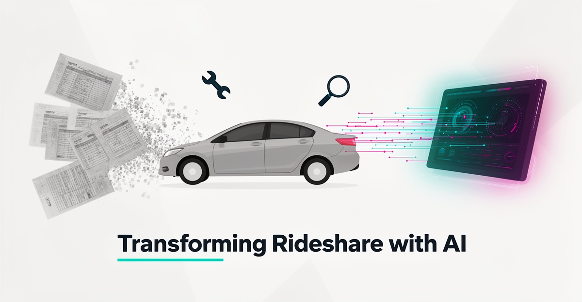 Flat illustration of a rideshare car with paper maintenance logs transforming into an AI-powered digital dashboard in teal and magenta accents.