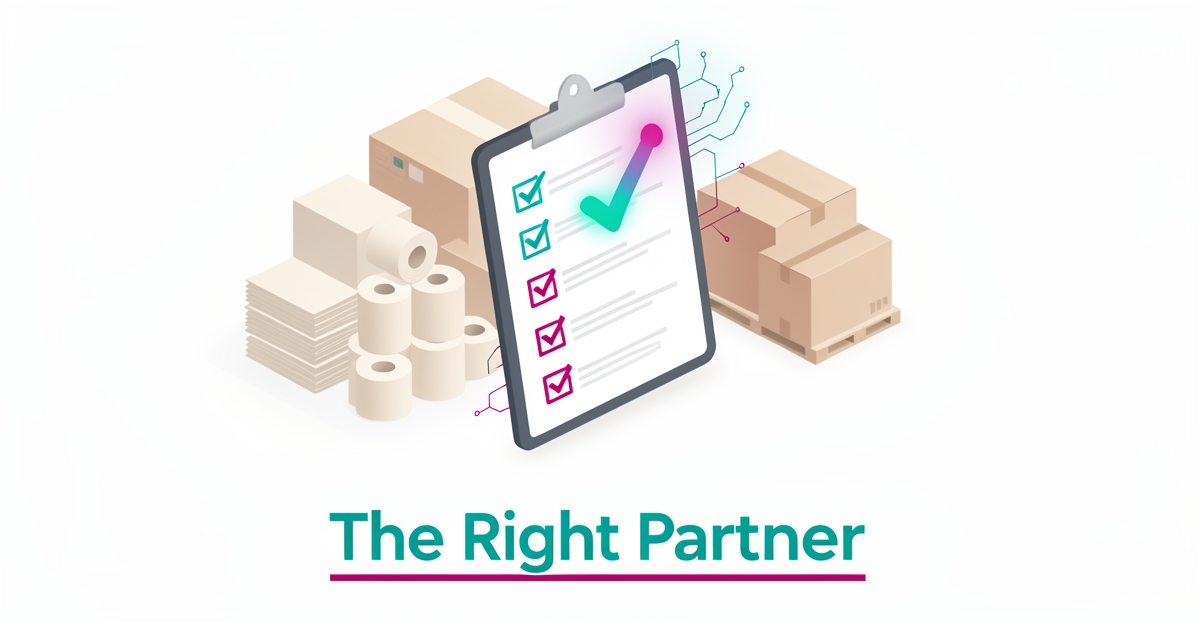 Flat illustration of a checklist with AI network nodes over stacked paper rolls, titled The Right Partner, in teal and magenta accents.