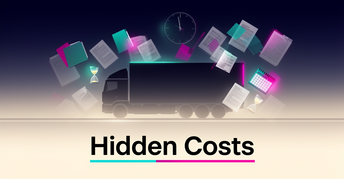 Flat illustration of a semi truck surrounded by scattered permit paperwork and clocks, symbolizing hidden costs of manual permit tracking in trucking.