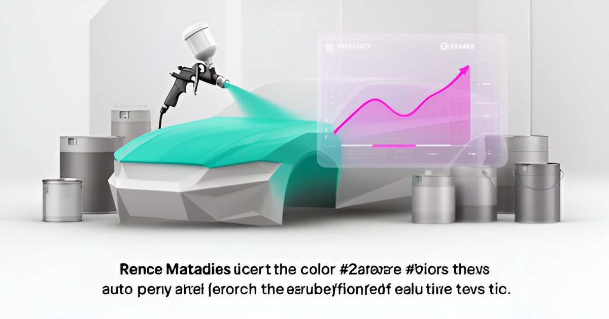 Flat illustration of an auto body paint booth with AI forecasting dashboard overlay in teal and magenta brand colors.