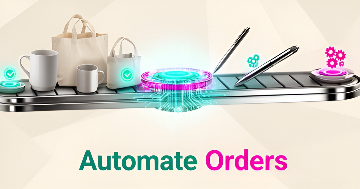 Flat illustration of AI automating promotional product order processing with mugs and bags flowing through a teal and magenta workflow hub.