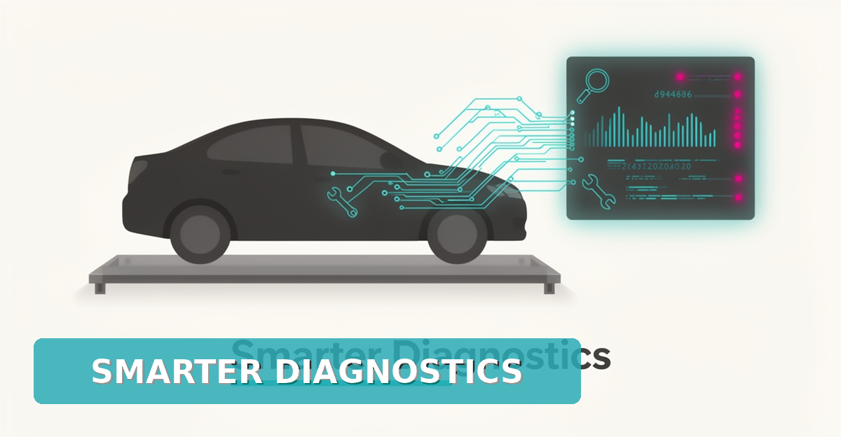 Flat illustration of a car connected by glowing teal circuit lines to an AI diagnostic interface, symbolizing smarter auto electrical repair diagnostics.